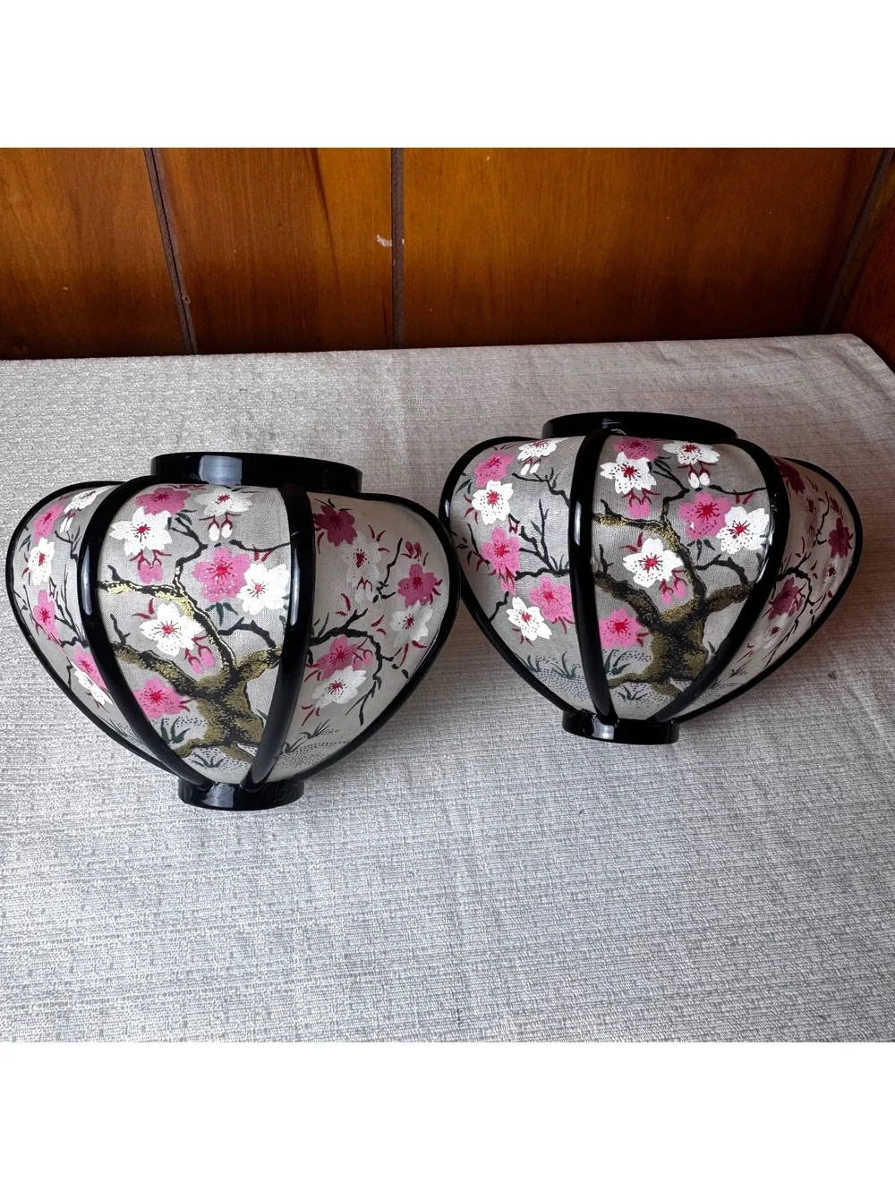 Vintage Japanese Hina Doll Bonbori Lantern Tops Pair Cherry Blossom Pink Black